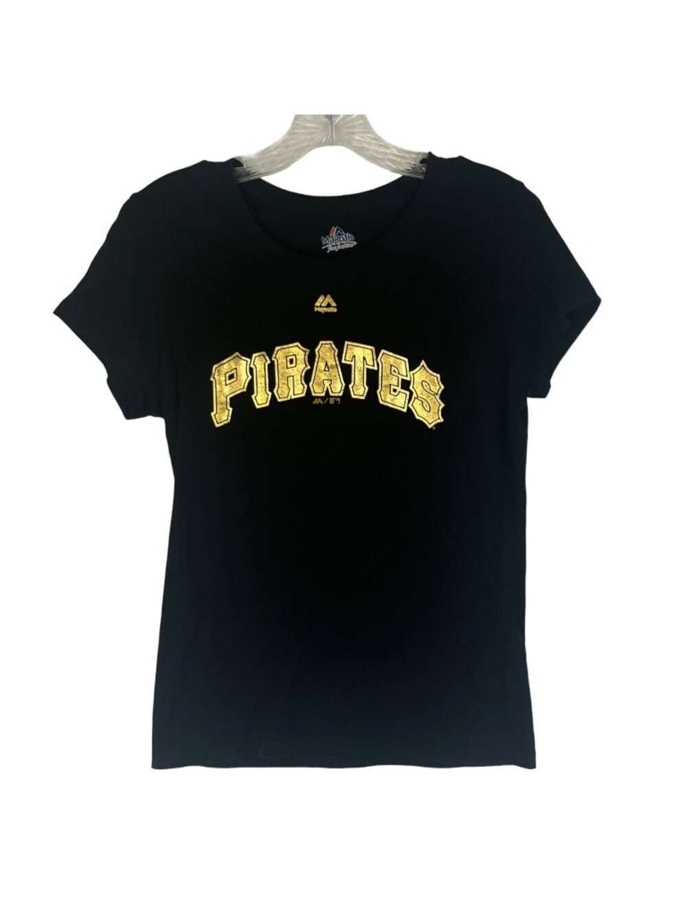 Majestic Pittsburgh Pirates Tshirt Womens Medium Black Shiny Gold MLB Fanwear